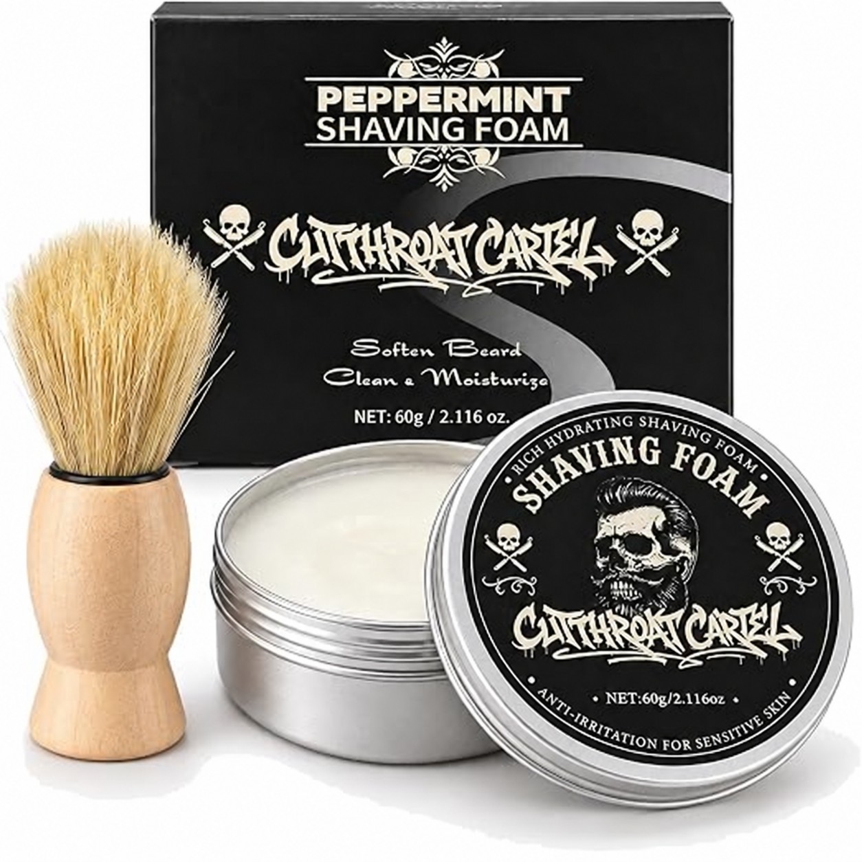 Cutthroat Cartel Peppermint Shaving Foam tin with wooden-handled shaving brush.