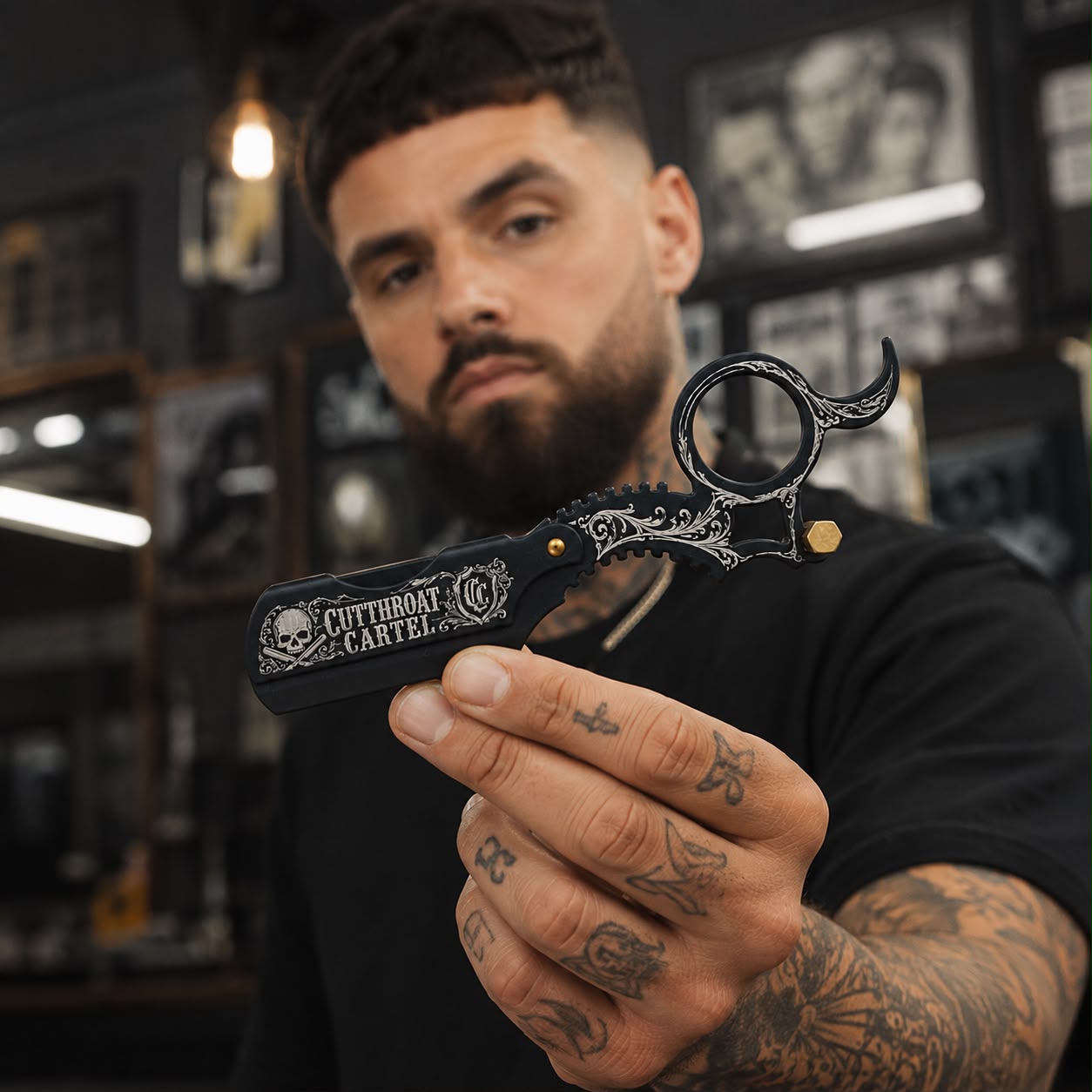 A barber holding the Cutthroat Cartel Gold Ring-Handle Razor towards the camera in a barbershop.