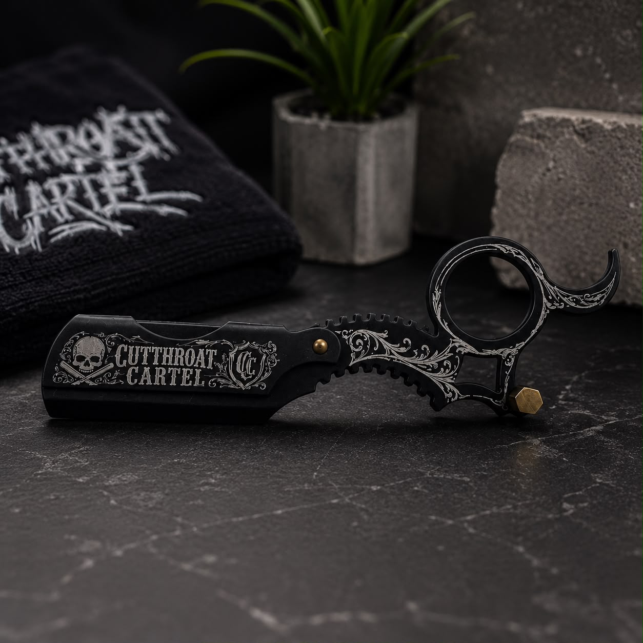 The Gold Ring-Handle Razor standing upright at a dark barber station in front of a mirror.
